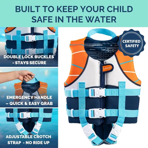 Miniatura 3 de Limmys Chaleco de natación para niños pequeños y niños: panel de espuma integrado, certificado CE, diseño galardonado aprobado por los padres, Azul