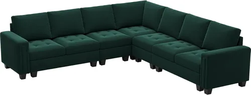 Miniatura 7 de Belffin Sofá modular de terciopelo en forma de L, sofá seccional convertible de gran tamaño con diván reversible para sala de estar, verde