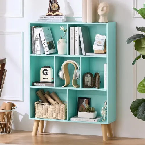 Miniatura 25 de LEYAOYAO Estantería de 5 cubos de 3 niveles con patas, estante negro menta para libros para niños, bonito organizador de almacenamiento, estantes