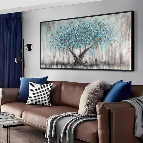 Miniatura 16 de Arjun Lienzo artístico para pared de árbol de la vida para sala de estar, pintura de árbol azul y verde azulado, 50% pintada a mano, imagen