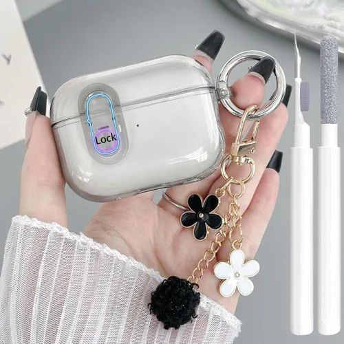 Miniatura 12 de Bonita funda Magsafe para Airpods Pro 2, clip de bloqueo para niñas y mujeres, con dijes de flores y kit de limpieza, TPU suave, Airpods iPod Pro