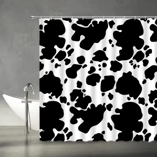 Miniatura 2 de Cortina de ducha con estampado de vaca, piel de vaca negra y blanca, divertida piel de granja de animales de granja, estilo occidental, tela Negro