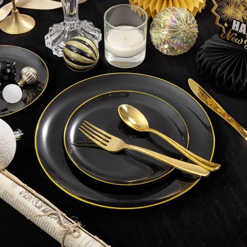 Miniatura 8 de KIRE 60 platos de plástico negro, platos desechables negros con borde dorado para fiesta de Halloween/graduación, incluye 30 unidades de 10.25