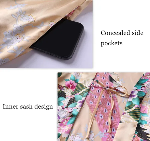 Miniatura 6 de BABEYOND Kimono de mujer bata larga con pavo real y flores estampado Kimono camisón