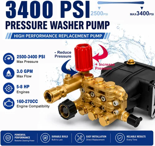 Miniatura 3 de 3300 PSI Pressure Washer Pump, 3.0 GPM, 3/4" Shaft Replacement Pump 2500-3300 psi Restore Cleaning Power • Fits 5–8HP Engines • Brass Head •