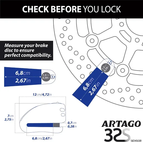 Miniatura 8 de ARTAGO 32 Cerradura de disco para motocicleta de última generación 2 en 1 Alarma inteligente, 120 dB, advertencia de no toque Exclusivo bloqueo