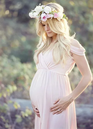 Miniatura 5 de ZIUMUDY - Vestido de maternidad con hombros descubiertos y cuello en V, envolvente, para sesiones de fotos y baby shower, maxi