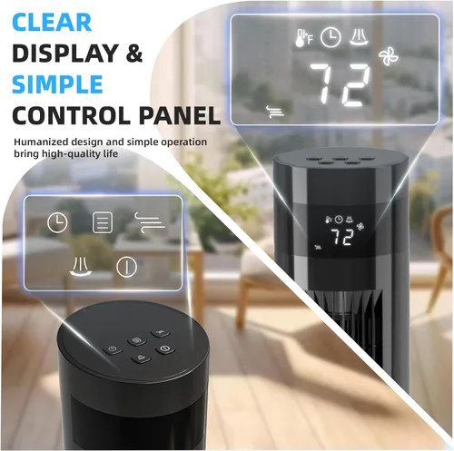 Miniatura 4 de Electactic Ventilador de torre portátil eléctrico oscilante, silencioso con control remoto, ventilador de piso sin aspas, 3 modos de velocidad