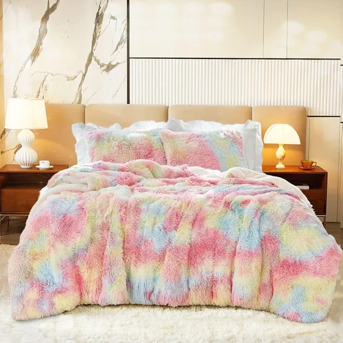 Miniatura 10 de Juego de edredón de lujo de piel sintética peluda tamaño twin, edredón reversible de felpa y sherpa tie dye café, juego de ropa de cama esponjosa