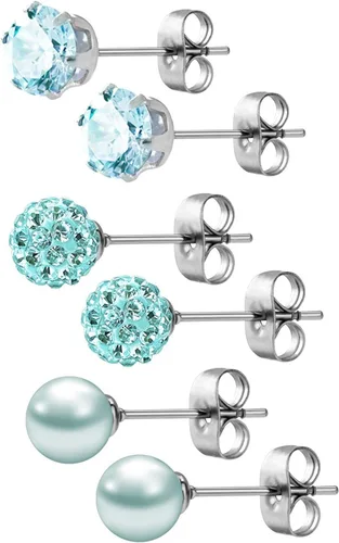 Miniatura 34 de JewelrieShop - Juego de aretes de tuerca de acero inoxidable con circonitas cúbicas y perlas de imitación, 3 pares de 0.236 in
