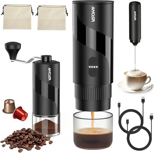 Máquina de café espresso eléctrica portátil y molinillo de café manual y espumador de leche eléctrico todo en 1, mini cafetera de viaje para