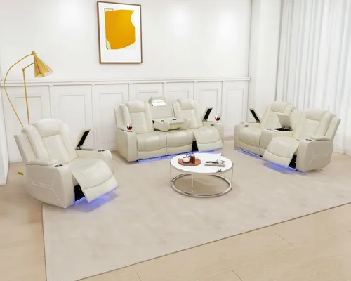 Miniatura 10 de Juego de sofá reclinable eléctrico de cuero con LED, juego de muebles de sala de estar, juego de sofá de cuero con puerto USB, consola