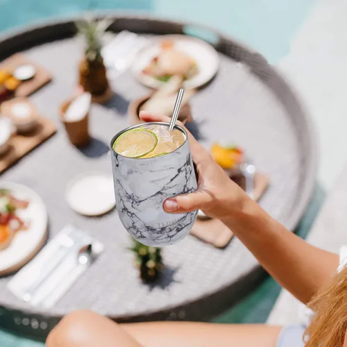 Miniatura 5 de Vaso de vino aislado al vacío sin tallo – Markline de 12 onzas de acero inoxidable con aislamiento de triple pared con tapa y popote, mantiene