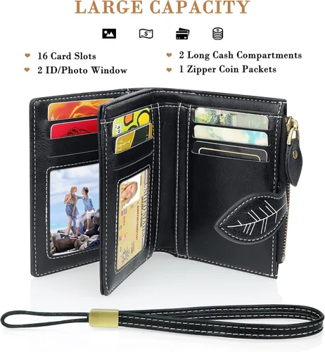 Miniatura 7 de CONISY Cartera pequeña para mujer, billetera compacta de cuero plegable con pulsera RFID bloqueo para mujer (negro)