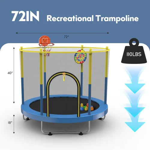 Miniatura 2 de Trampolín de 72 pulgadas para niños con red, trampolín pequeño de 6 pies para interiores y exteriores con aro de baloncesto y tablero de dardos