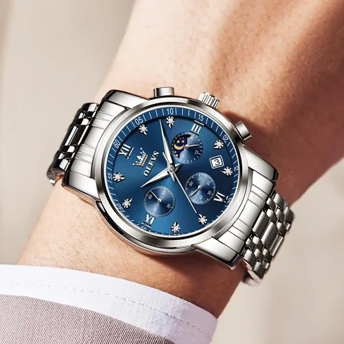 Miniatura 3 de OLEVS Watch for Men Diamond Business Dress Analog Quartz Stainless Steel Waterproof Luminous Date Two Tone Luxury Casual Wrist Watch Blue