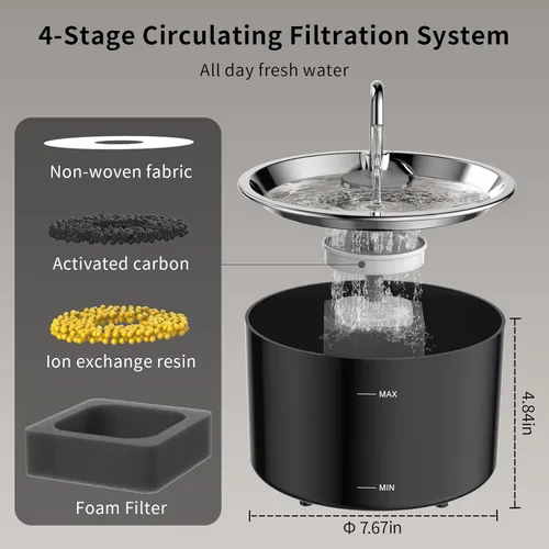 Miniatura 4 de Vividorama Fuente de agua para gatos, tapa de acero inoxidable, fuente de agua para mascotas de 3 L/101 onzas, bebedero para perros con bomba