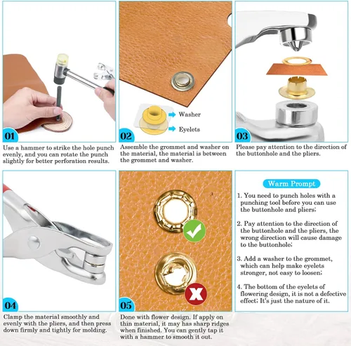 Miniatura 4 de Kit de herramientas con ojales PAXCOO de 643 piezas, 12 mm, 1/2 pulgada (tamaño del agujero interior), kit de ojales con 320 piezas de ojales
