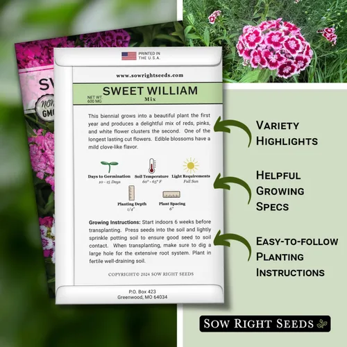 Miniatura 2 de Semillas de flores para plantar Sweet William Mix - Hermosa y comestible variedad bienal - Paquete de reliquia sin OMG para plantar el jardín