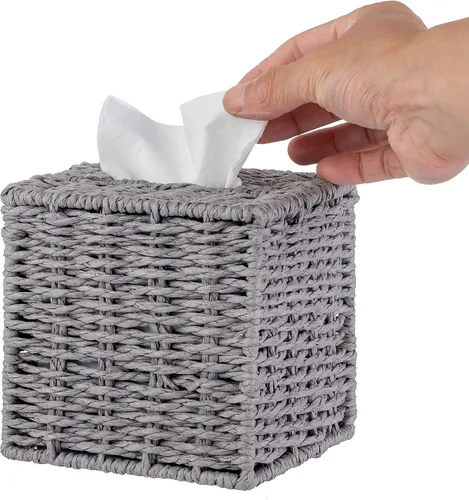 Miniatura 4 de MyGift Caja de pañuelos cuadrada gris con tapa – Soporte decorativo de ratán Kleenex, soporte de tejido para papel higiénico, baño, dormitorio, sala
