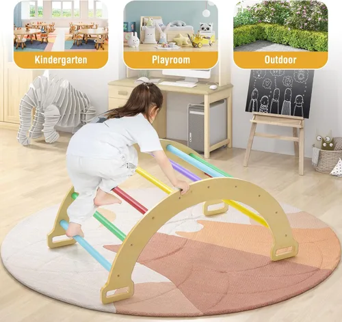 Miniatura 8 de INFANS Juguetes de escalada en arco 4 en 1 para niños pequeños, estructura de escalera Montessori de madera para escalar arco y balancín