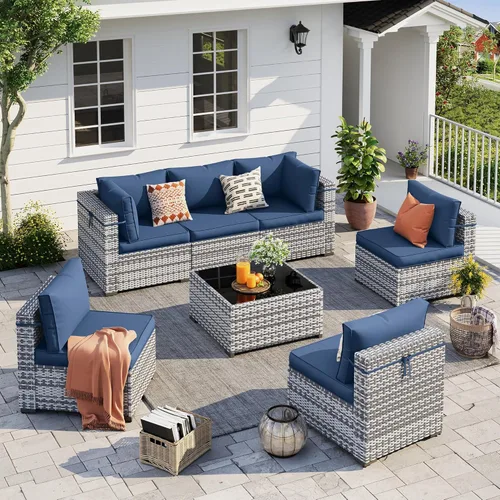 Miniatura 11 de UDPATIO Juego de muebles de patio al aire libre, sofá modular de 7 piezas con mesa de té, juego de conversación al aire libre de mimbre PE para Azul