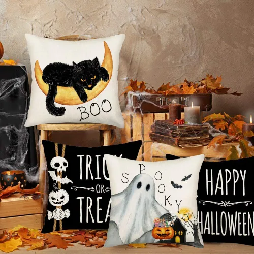 Miniatura 4 de Fukeen Juego de 4 fundas de almohada de 16 x 16 pulgadas con texto en inglés «Happy Halloween», «Truco o trato», fantasma, fantasma, horror
