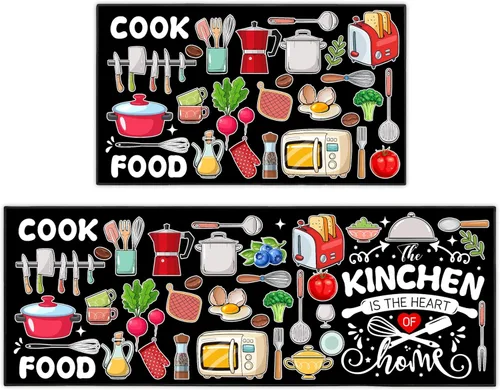 Farmhouse Kitchen Rules Alfombra Juego de 2 Piezas, Decoración Rústica Negra Alfombras de Cocina, Tapetes de Piso Antideslizantes Absorbentes