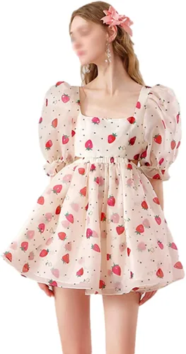 Keiqueen Vestido de verano de manga corta Kawaii con estampado de fresa, vestido vintage para mujer