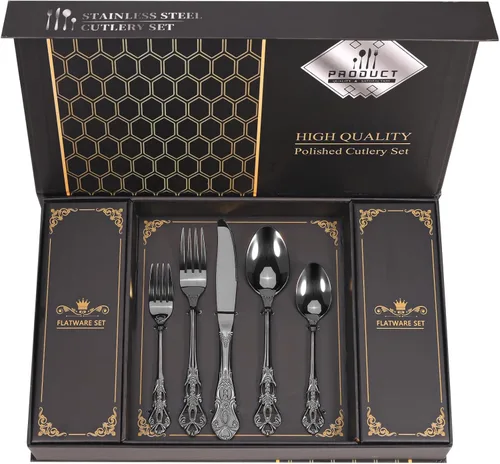 Juego Retro Royal Negro de Cubiertos MIKIWAY con Caja de Regalo, 20 Piezas de Servicio de Cubiertos de Acero Inoxidable para 4, Juego de Vajilla de