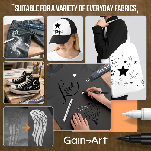 Miniatura 7 de Gain-Art Marcador de tela para ropa, 2 unidades, resistente al lavado, no se corre, de secado rápido, bolígrafo profesional de doble punta - Pintura