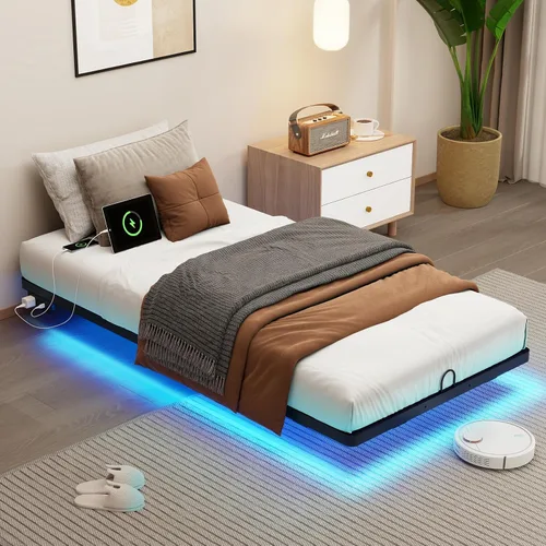 Twin XL Size Floating Metal Bed Frame with Smart LED Lights & Charging Station, Metal Platform Bed Base No Box Spring Needed, Easy Assembly, Noise