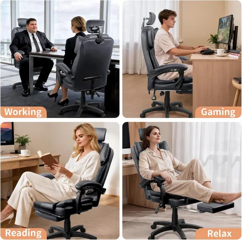 Miniatura 8 de Silla de oficina grande y alta, cómoda silla ergonómica de cuero para computadora con reposacabezas, respaldo alto, silla ejecutiva reclinable