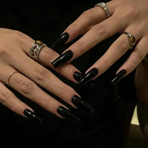 Miniatura 23 de MISUD Uñas a presión – Uñas cuadradas largas con pegamento rosa y negro, acrílico Y2K diseño de dijes de 24 piezas