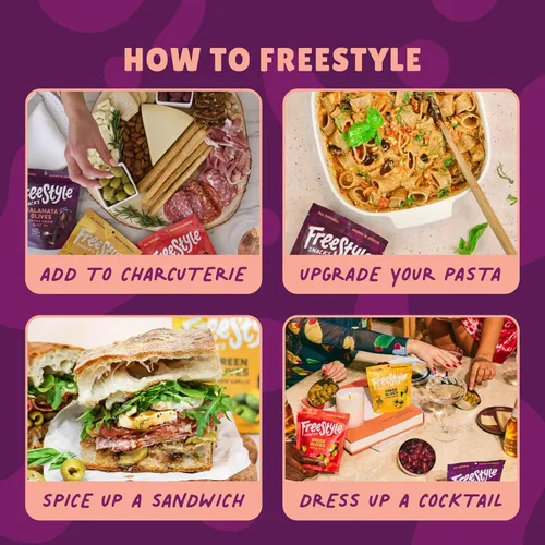 Miniatura 3 de Freestyle Snacks, Paquetes de aperitivos de oliva, como se ve en Shark Tank, aceitunas kalamata frescas sin hueso, marinadas en aceite de oliva