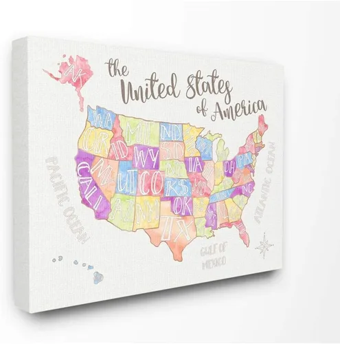 Stupell Home Décor - Lienzo decorativo de gran tamaño con diseño de mapa de Estados Unidos, diseño de mapa de Estados Unidos, 24 x 1.5 x 30 Estados