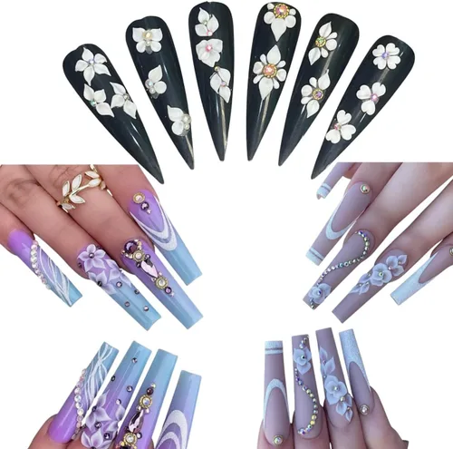 Miniatura 8 de Abalorios de uñas de flores en 3D de acrílico otoño, hechos a mano con polvo acrílico - Kit de 24 piezas de flores, diamantes de imitación