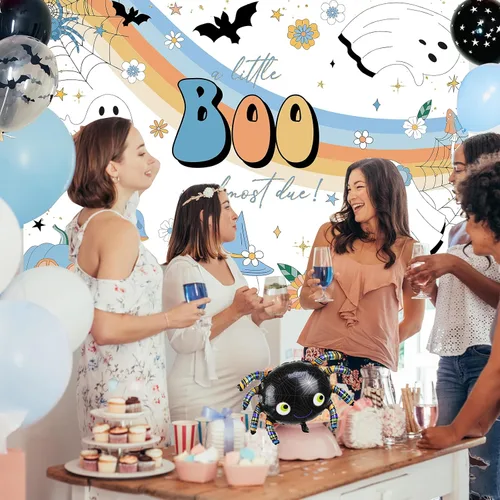 Miniatura 3 de Avezano Little Boo - Telón de fondo para baby shower, para niños, diseño hippie, para fiesta de Halloween, fantasma azul, Hey Boo, 7 x 5 pies