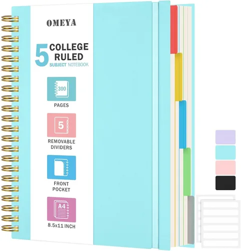 Miniatura 12 de Cuaderno de Espiral 8.5" x 11", Cuadernos de 5 Materias con Rayas Universitarias con Divisores Removibles, 300 Páginas 100GSM Diario de Escritura