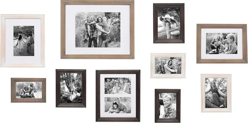 Kate and Laurel Kit para galería burdeos en pared de 10 unidades con marcos de varios tamaños en 3 acabados diferentes: lavado blanco, gris carbón y