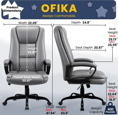 Miniatura 3 de OFIKA Silla de Oficina para el Hogar, Silla Grande y Alta de 400 LBS Diseño de Servicio Pesado, Cojín Ergonómico de Respaldo Alto Soporte Lumbar Gris