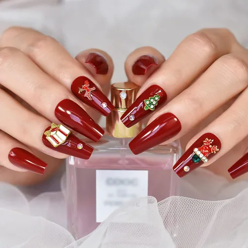 Miniatura 2 de ELEVENAIL Uñas de Navidad con caja de regalo de dibujos animados de diamantes de imitación 3D, ciervo, árbol rojo, uñas postizas medianas largas