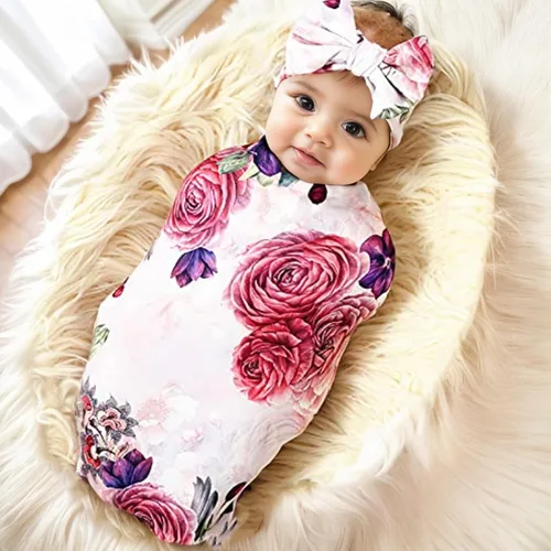 Miniatura 2 de Galabloomer Conjunto de Manta Receptora y Diadema para Recién Nacido Bebé Flor Rosa Envolvente con Moño Grande (Rosa Nostalgia)