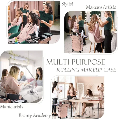 Miniatura 3 de estuche profesional 3 en 1 rodante para maquillaje, estuche de aluminio con ruedas de rotación 360° para artista de maquillaje, maletín cosmético