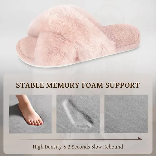 Miniatura 3 de Parlovable Pantuflas peludas para mujer, cómodas con banda cruzada, zapatos de casa de espuma viscoelástica con punta abierta, regalos