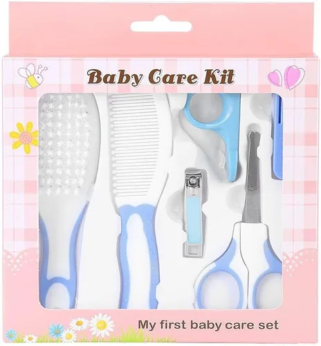 Fdit Baby Grooming Kit, Safe Portable Nail Hair Care Set for Newborn Infant Blue 6PCS Soft Brush Comb Rounded Scissors Clipper Covers Nursery Travel