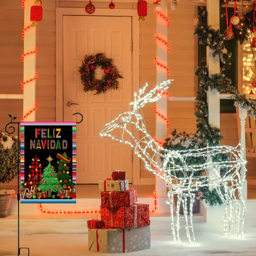 Miniatura 7 de Nepnuser Decoración de Navidad mexicana de Feliz Navidad, bandera de jardín de Navidad, fiesta de invierno, fiesta de doble cara, letrero de patio