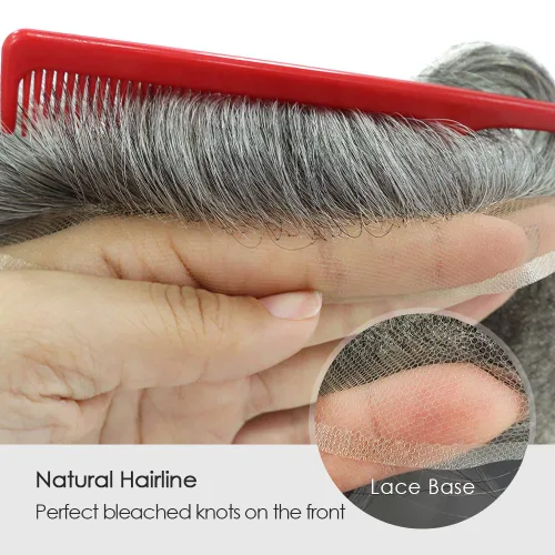 Miniatura 3 de HAIR NATURE Toupee para hombres cabello humano, sistema de reemplazo de cabello para hombre, extensiones de cabello gris de encaje francés 8x10#1B65