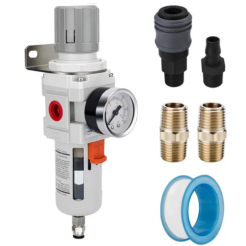 NANPU Regulador de Filtro de Aire Comprimido Combo Piggyback NPT de 1/2", Elemento de Latón de 5 Micrones, Tazón de Polímero, Drenaje