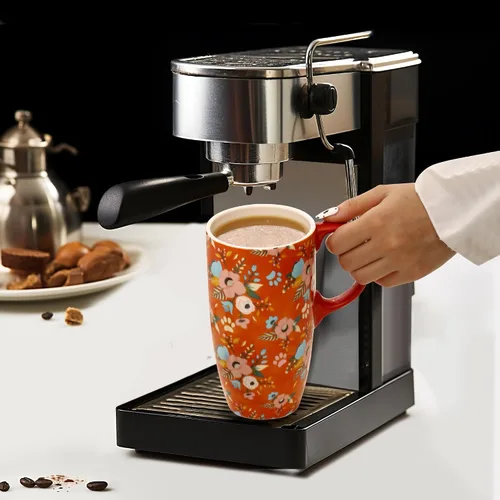 Miniatura 8 de Taza de viaje de cerámica de 17 onzas con tapa y asa, taza de café con patrón floral de abeja, apta para microondas y lavavajillas, taza de café